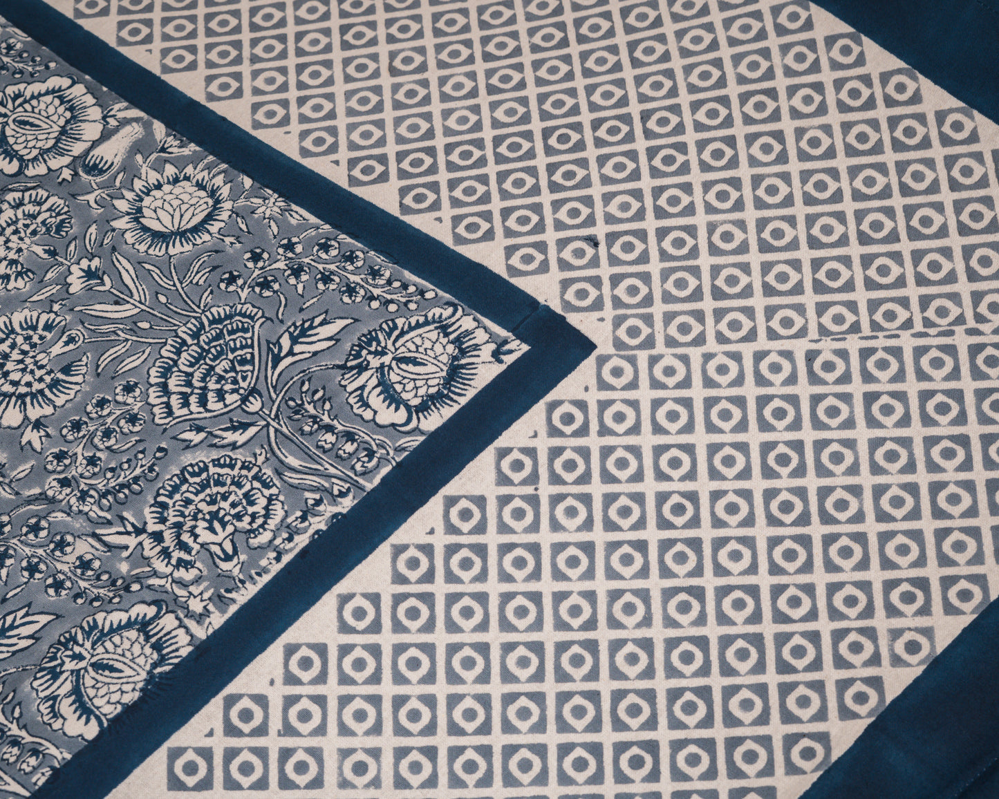 Poonam Bagh bedsheet border detail with coordinated Jaipur block print design.