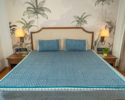 Teal Pavilion Jaipur Block Print Cotton Bedsheet featuring elegant teal motifs on a light base.
