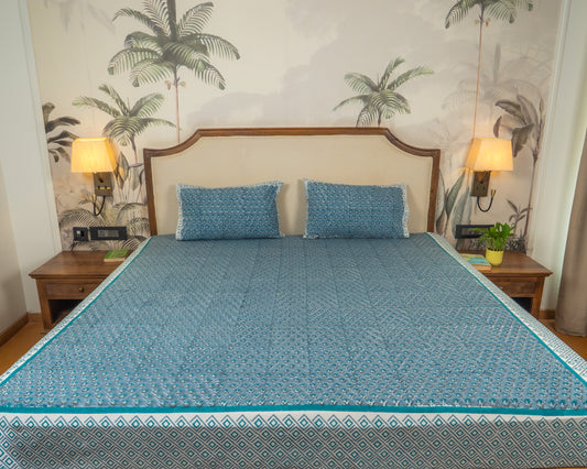 Teal Pavilion Jaipur Block Print Cotton Bedsheet featuring elegant teal motifs on a light base.
