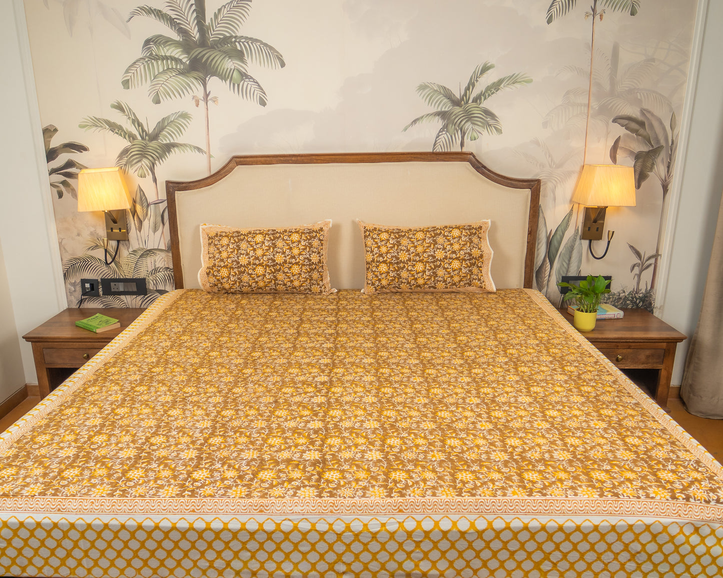 Morning Marigold Jaipur Block Print Cotton Bedsheet featuring warm golden floral motifs on a light base.