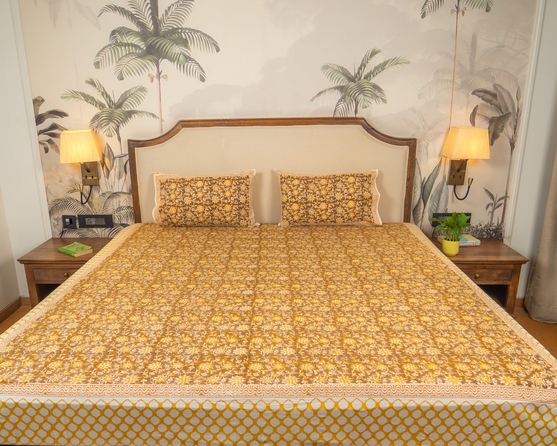Morning Marigold Jaipur Block Print Cotton Bedsheet featuring warm golden floral motifs on a light base.