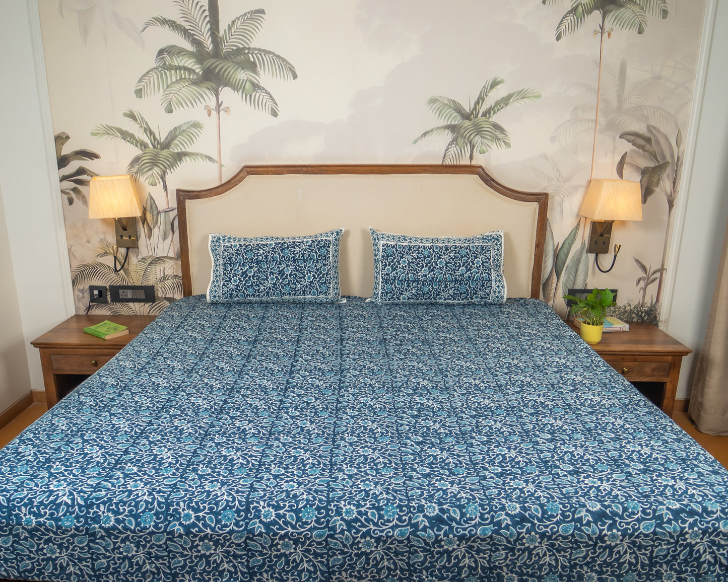 Indigo Manor Jaipur Block Print Cotton Bedsheet featuring intricate indigo floral motifs on a light base.