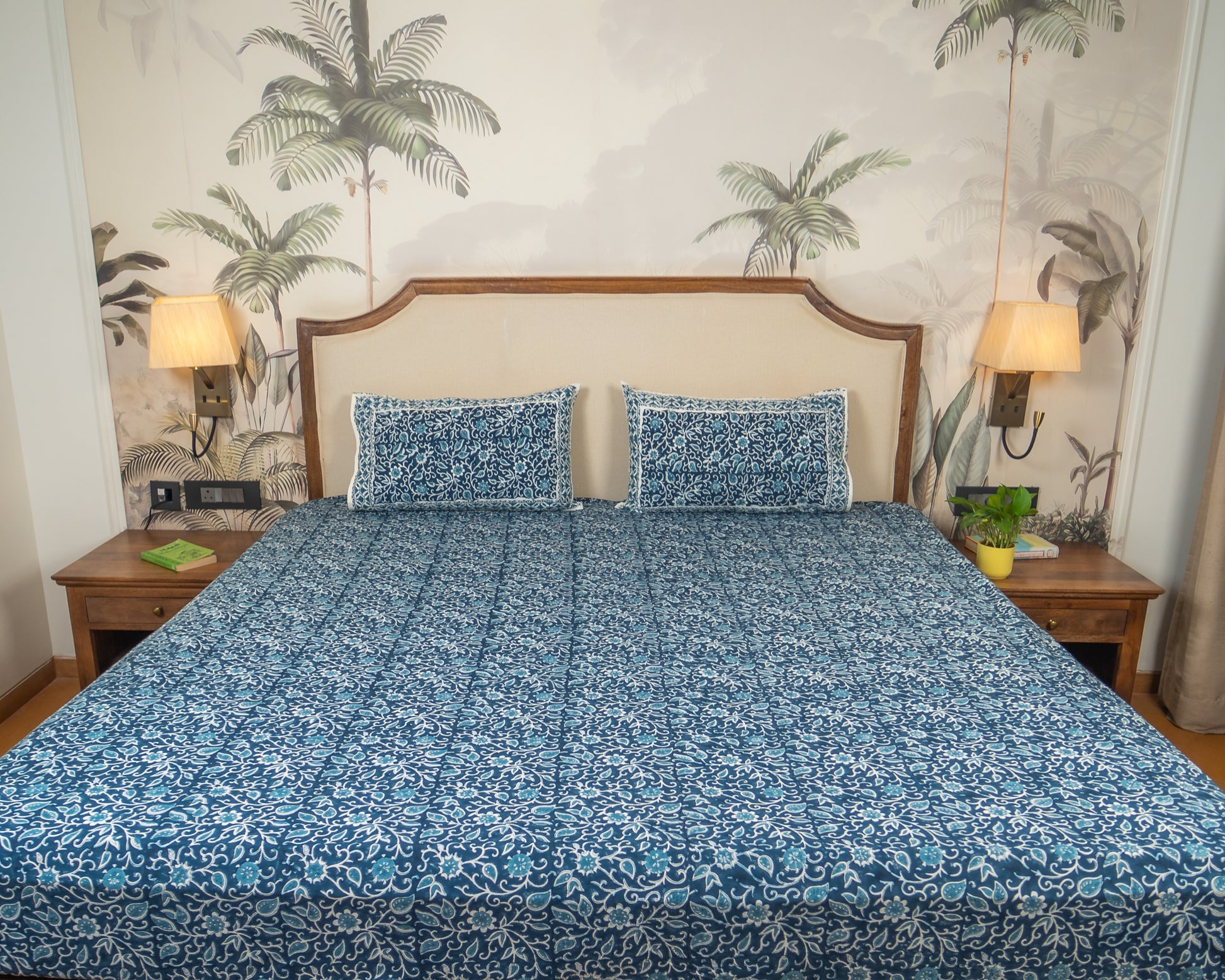 Indigo Manor Jaipur Block Print Cotton Bedsheet featuring intricate indigo floral motifs on a light base.