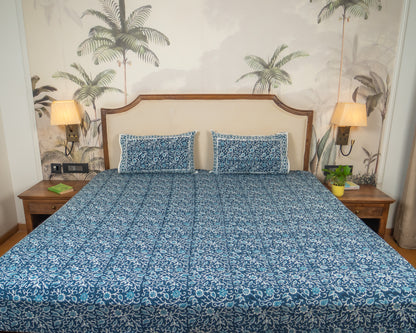 Indigo Manor Jaipur Block Print Cotton Bedsheet featuring intricate indigo floral motifs on a light base.