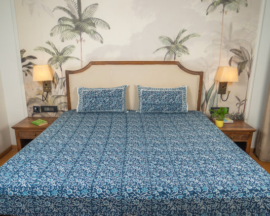 Indigo Manor Jaipur Block Print Cotton Bedsheet featuring intricate indigo floral motifs on a light base.