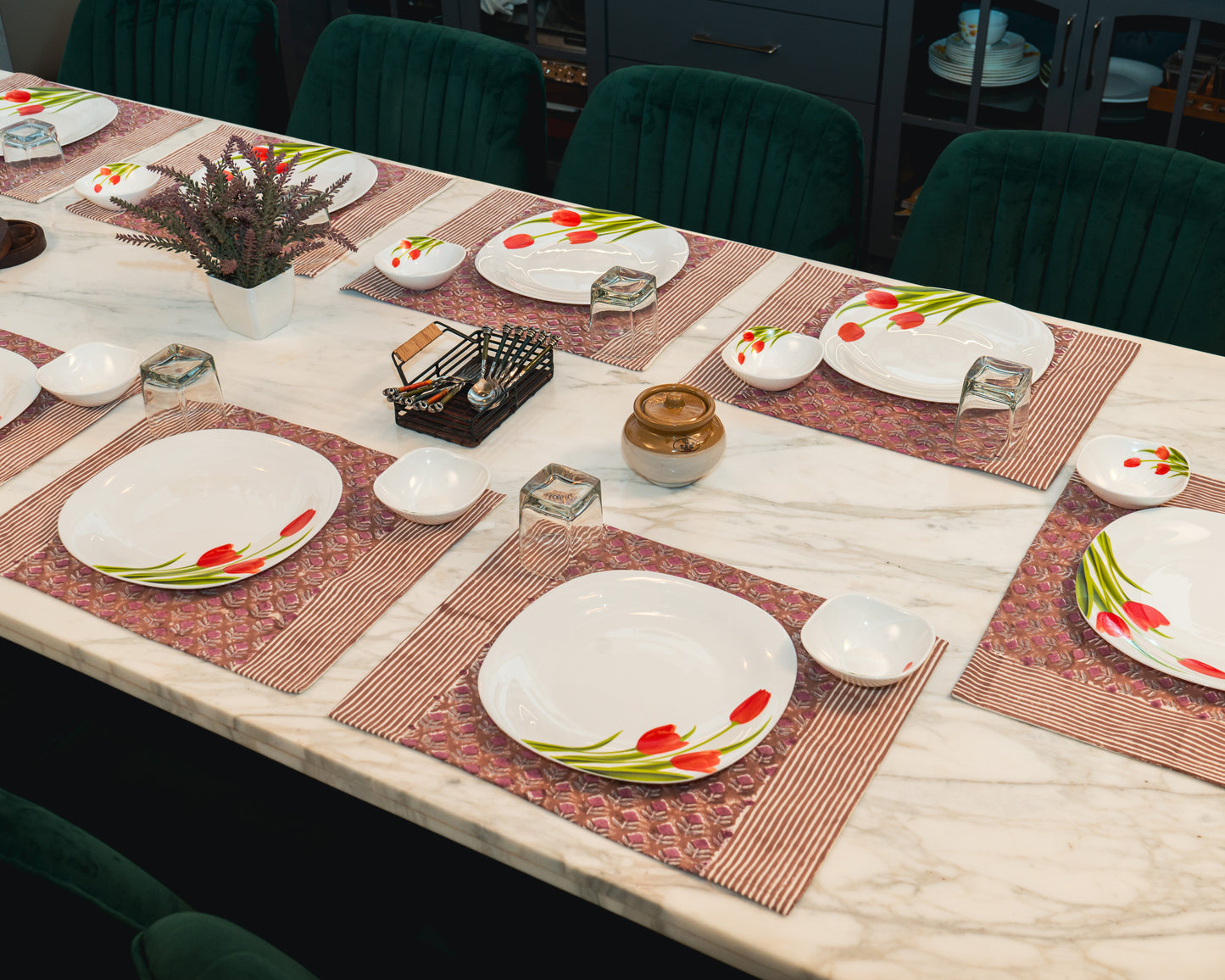 Mauve Verandah Jaipur Block Print Cotton Placemats styled with neutral and understated dining décor accents.