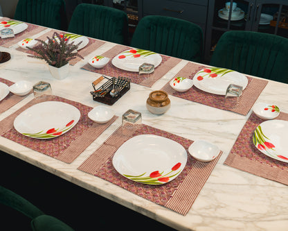Mauve Verandah Jaipur Block Print Cotton Placemats styled with neutral and understated dining décor accents.