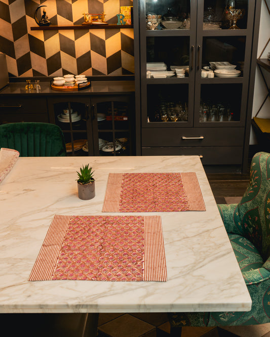 Mauve Verandah Jaipur Block Print Cotton Placemats Set of 2 featuring delicate motifs in muted mauve tones.