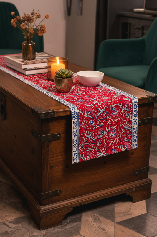 Rani Bagh Jaipur Block Print Cotton Table Runner featuring rich floral motifs in vibrant hues.