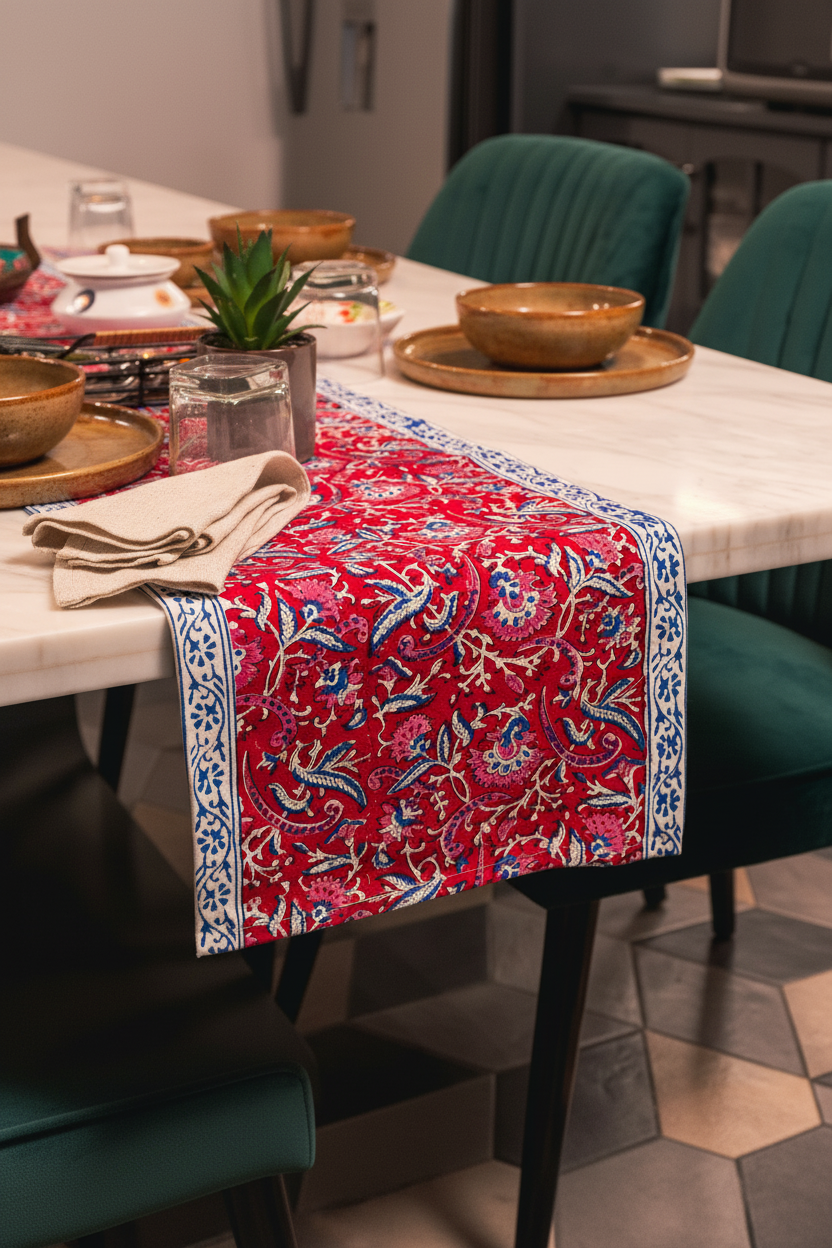 Rani Bagh Jaipur Block Print Cotton Table Runner styled on an elegant dining table with warm décor accents.