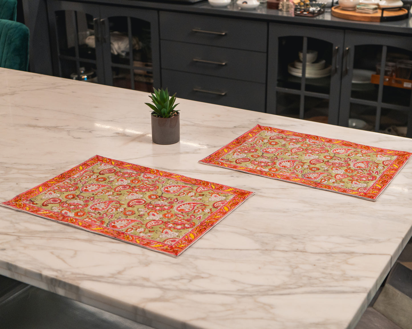 Rang Chowk Jaipur Block Print Cotton Placemats Set of 2 featuring vibrant floral motifs in warm and cheerful hues.