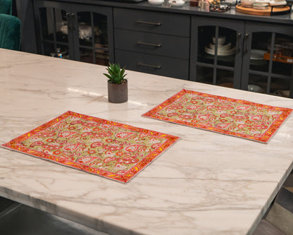 Rang Chowk Jaipur Block Print Cotton Placemats Set of 2 featuring vibrant floral motifs in warm and cheerful hues.