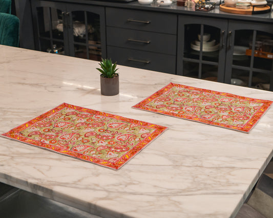 Rang Chowk Jaipur Block Print Cotton Placemats Set of 2 featuring vibrant floral motifs in warm and cheerful hues.