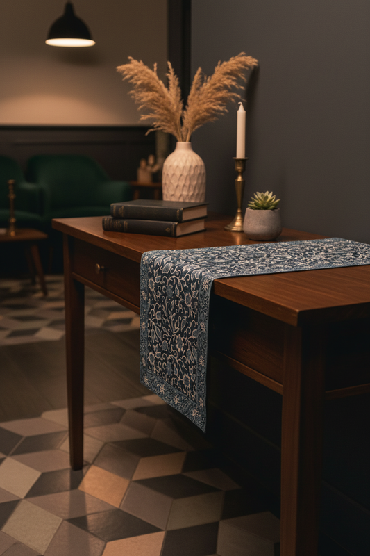 Indigo Manor Jaipur Block Print Cotton Table Runner featuring intricate indigo floral motifs on a light base.