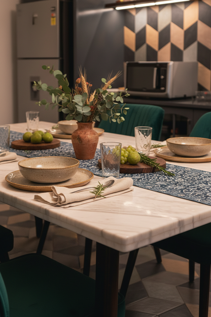 Indigo Manor Jaipur Block Print Cotton Table Runner styled on an elegant dining table with classic blue accents.