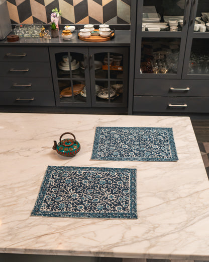 Indigo Manor Jaipur Block Print Cotton Placemats Set of 2 featuring intricate indigo floral motifs on a light base.