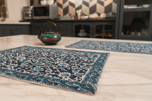 Close-up of Indigo Manor Jaipur Block Print showcasing intricate handcrafted detailing.