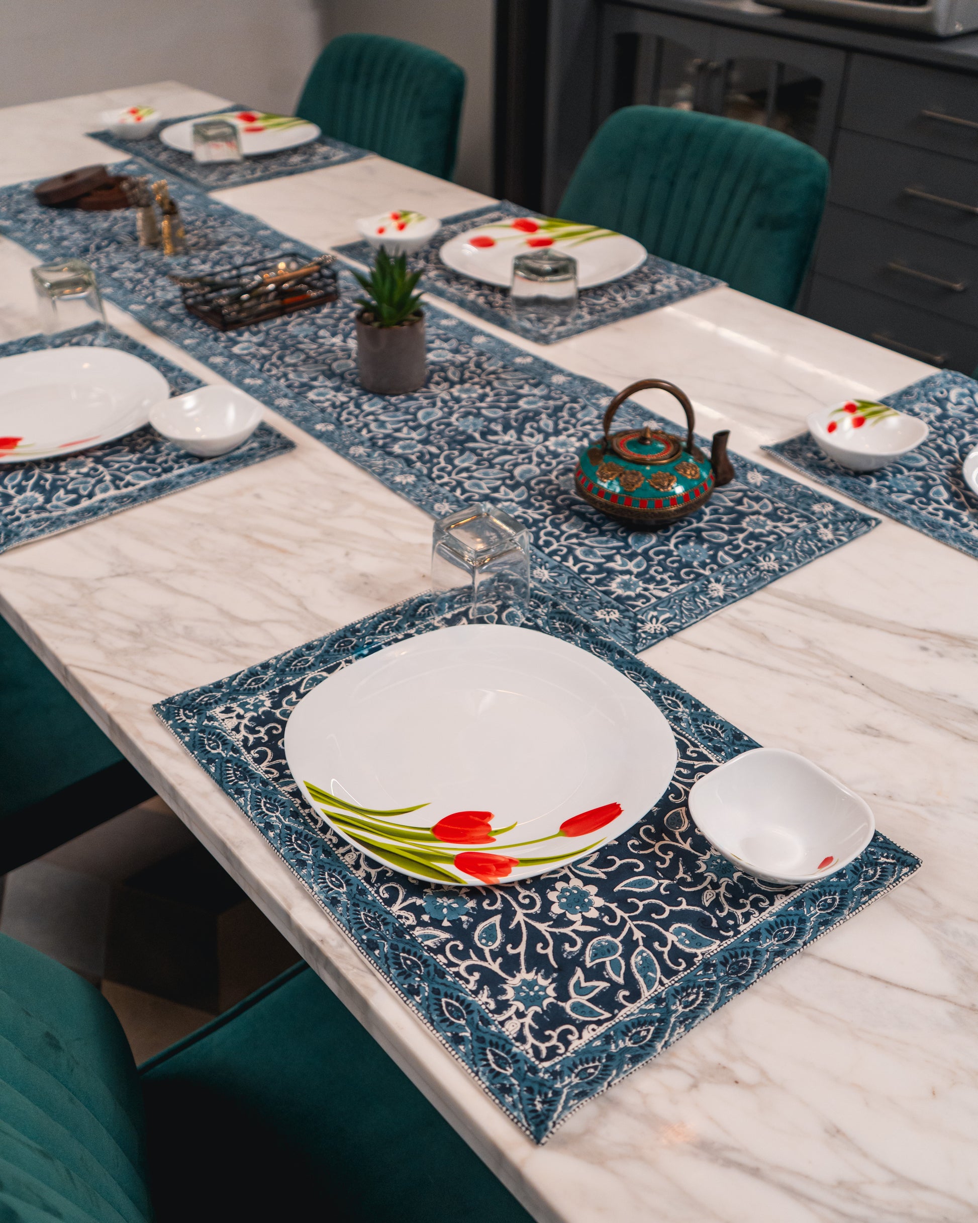 Indigo Manor Jaipur Block Print Cotton Table Runner and Placemats styled with classic blue and neutral dining décor accents.