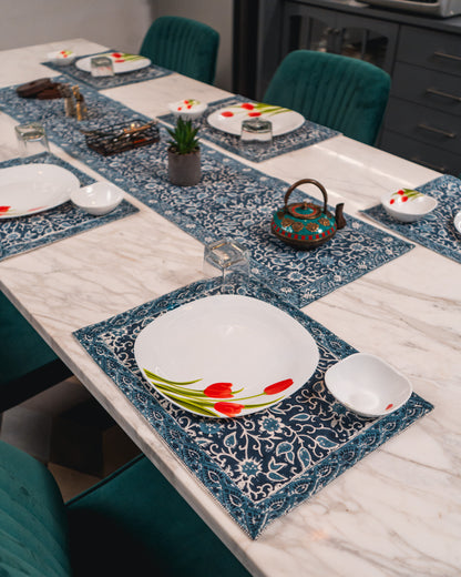 Indigo Manor Jaipur Block Print Cotton Table Runner and Placemats styled with classic blue and neutral dining décor accents.