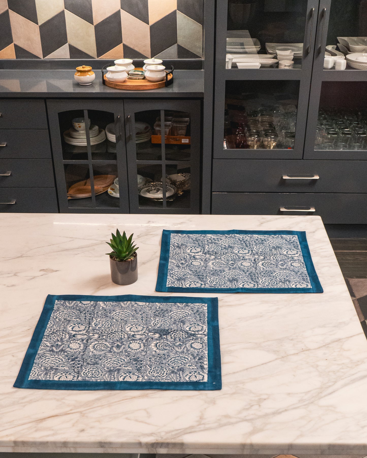 Poonam Bagh Jaipur Block Print Cotton Placemats Set of 2 featuring soft blue-grey floral motifs on a light base.