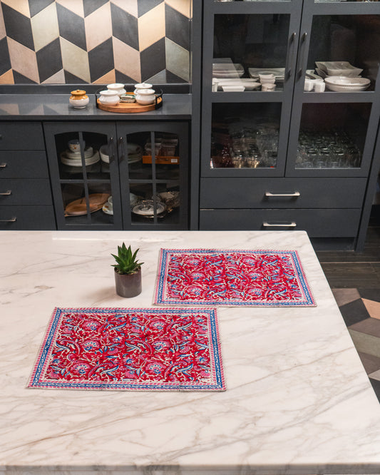 Rani Bagh Jaipur Block Print Cotton Placemats Set of 2 featuring rich floral motifs in vibrant hues.