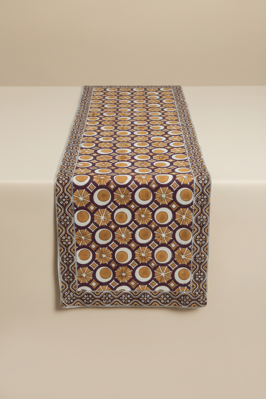 Mulberry Mosaic Jaipur Block Print Cotton Table Runner featuring intricate medallion motifs in rich earthy tones.