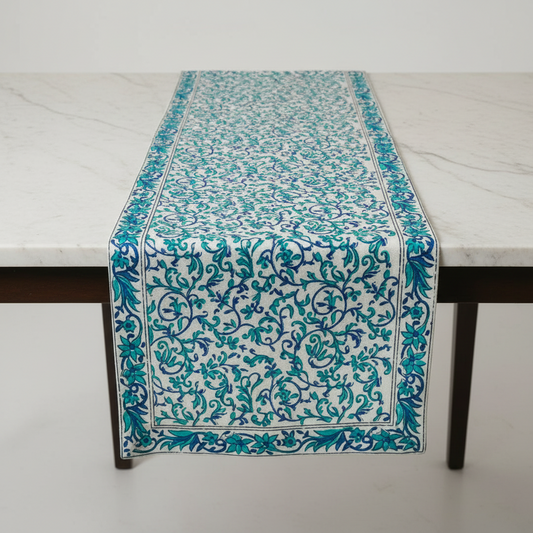 Feroza Haveli Jaipur Block Print Cotton Table Runner featuring delicate floral motifs in soothing blue hues.