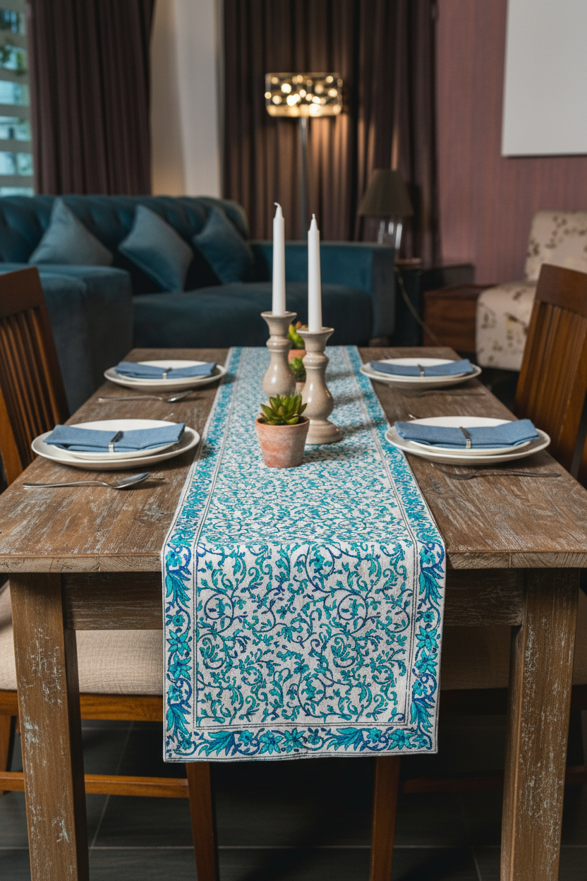 Feroza Haveli Jaipur Block Print Cotton Table Runner styled with blue and neutral table décor accents.