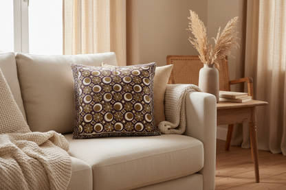 Mulberry Mosaic Jaipur Block Print Cotton Cushion Cover styled with warm and earthy home décor accents