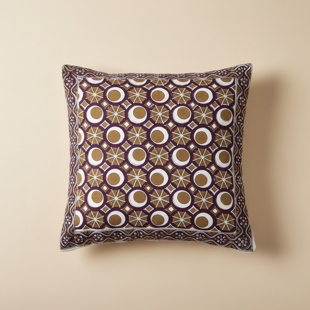Mulberry Mosaic Jaipur Block Print Cotton Cushion Cover featuring intricate medallion motifs in rich earthy tones.