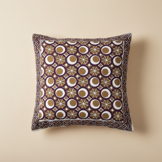 Mulberry Mosaic Jaipur Block Print Cotton Cushion Cover featuring intricate medallion motifs in rich earthy tones.