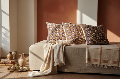 Mulberry Mosaic Jaipur Block Print Cotton Cushion Cover styled with warm and earthy home décor accents