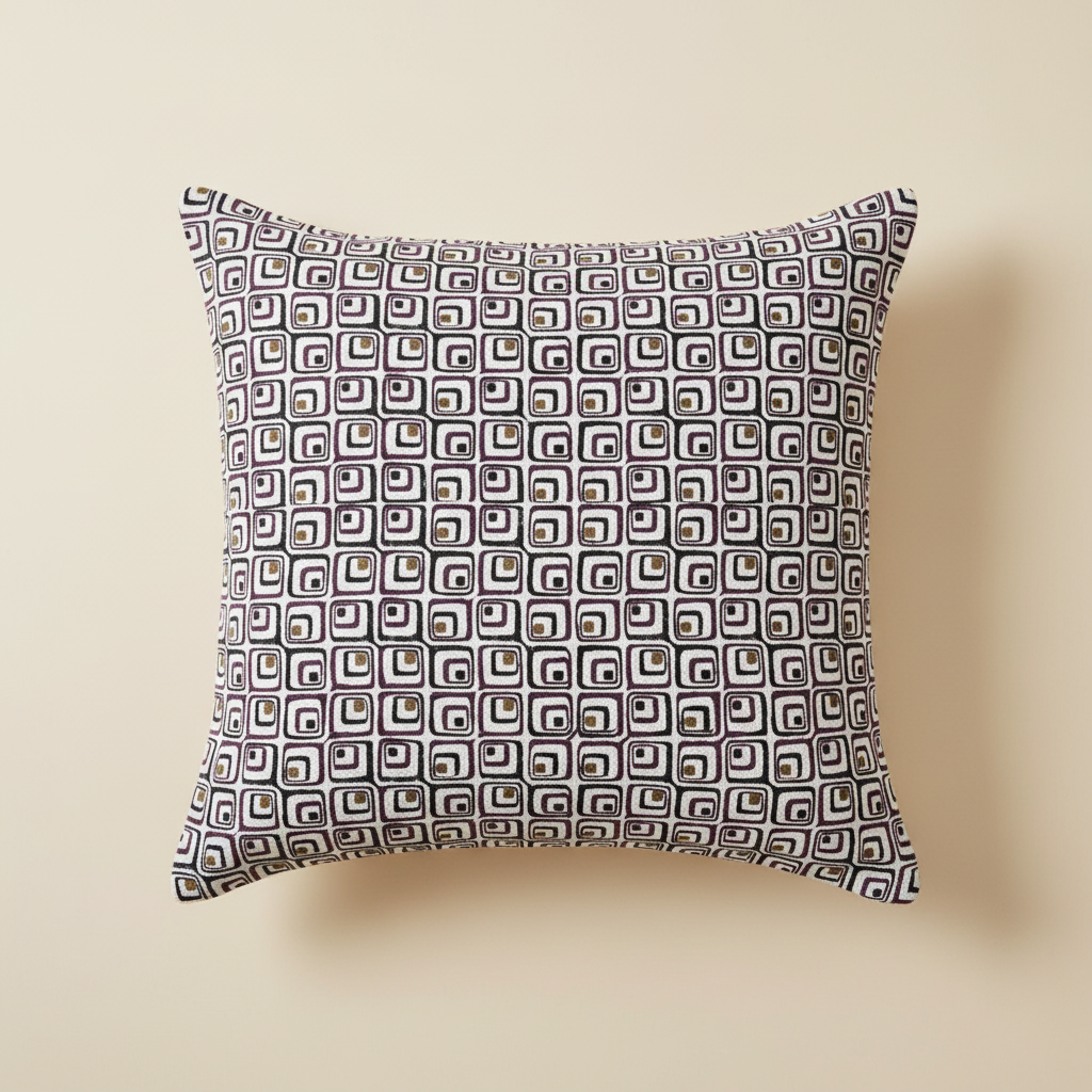 Reverse side of Mulberry Mosaic cushion cover featuring coordinated Jaipur block print design.