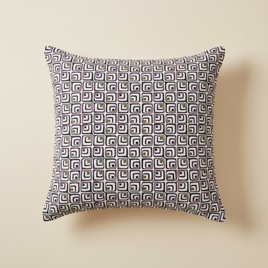 Reverse side of Mulberry Mosaic cushion cover featuring coordinated Jaipur block print design.