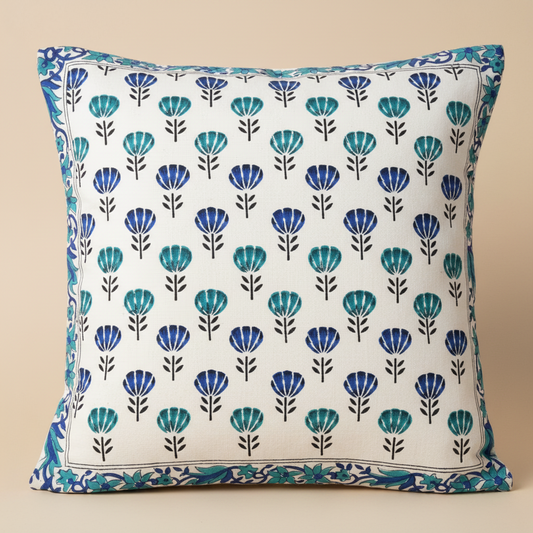 Feroza Haveli Jaipur Block Print Cotton Cushion Cover featuring delicate floral motifs in soothing blue hues.