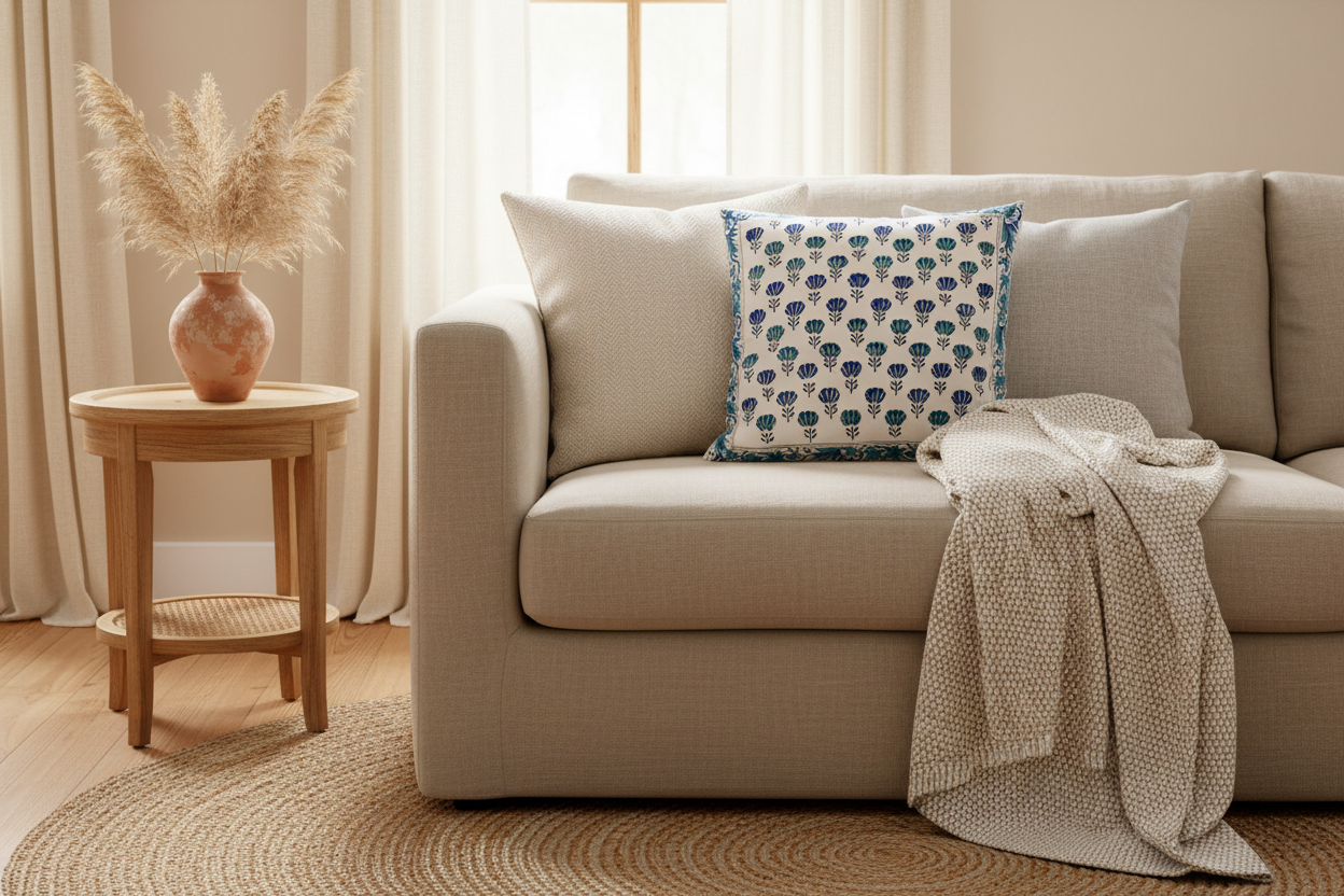 Feroza Haveli Jaipur Block Print Cotton Cushion Cover styled with classic blue and neutral décor accents.