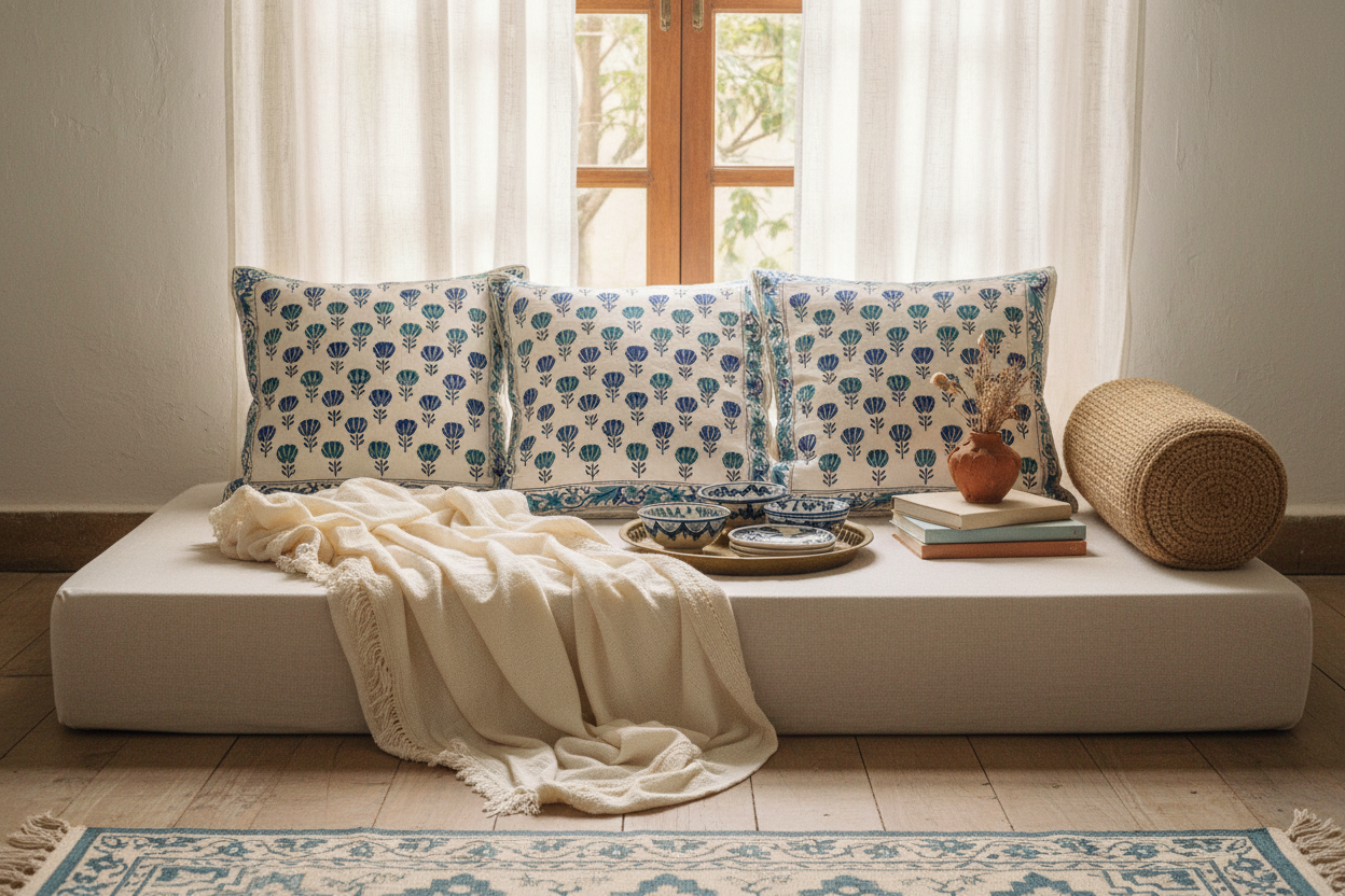 Feroza Haveli Jaipur Block Print Cotton Cushion Cover styled with classic blue and neutral décor accents.
