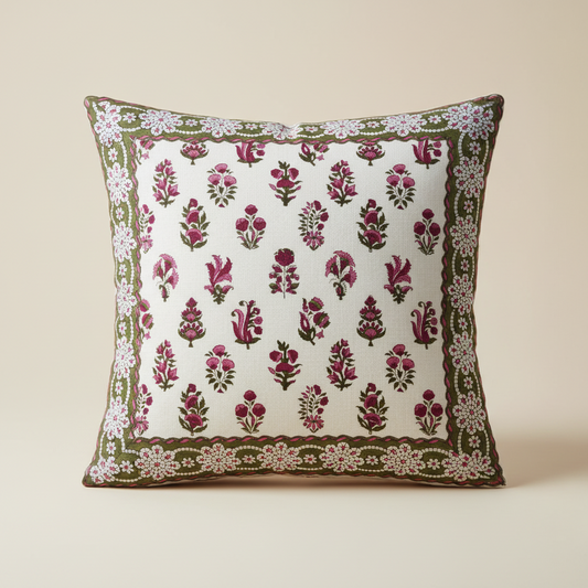 Phoolwari Jaipur Block Print Cotton Cushion Cover featuring delicate floral motifs in soft pink and green hues.