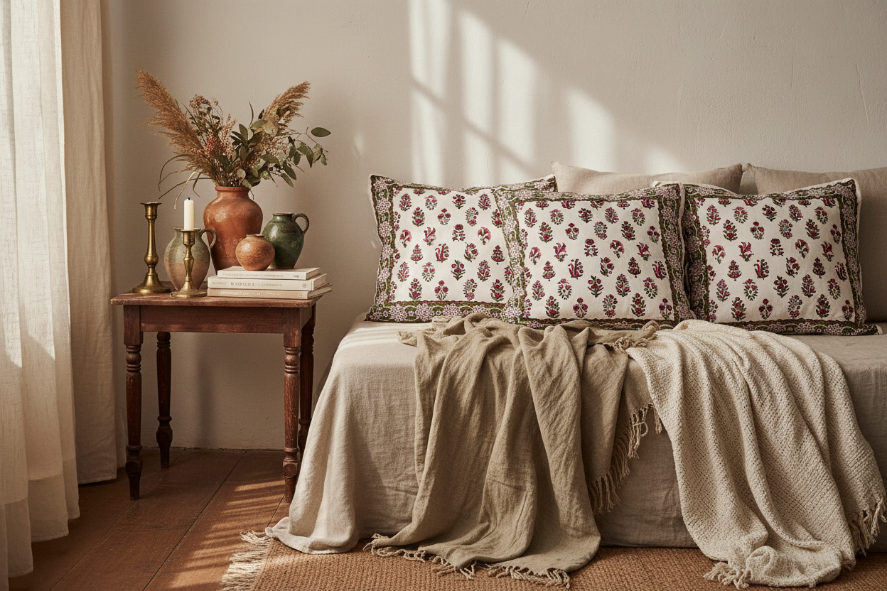 Phoolwari Jaipur Block Print Cotton Cushion Cover styled with soft and inviting home décor accents.