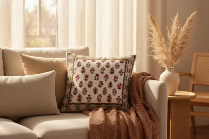 Phoolwari Jaipur Block Print Cotton Cushion Cover styled with soft and inviting home décor accents.