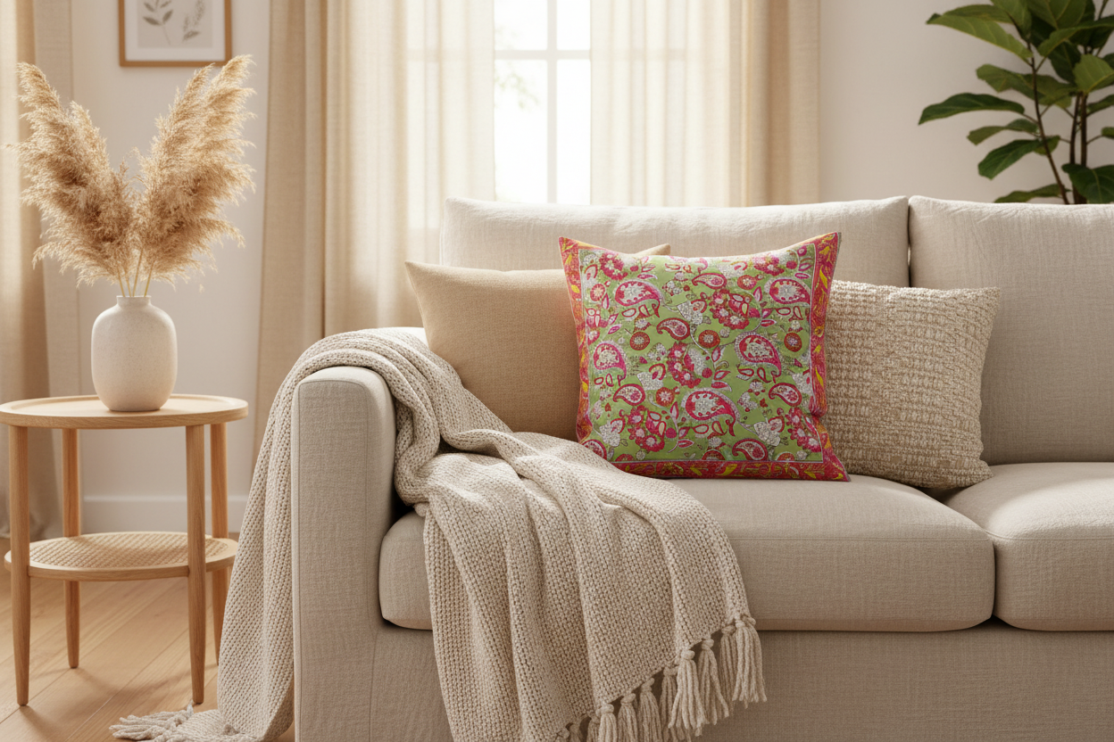 Rang Chowk Jaipur Block Print Cotton Cushion Cover styled with warm and colourful home décor accents.