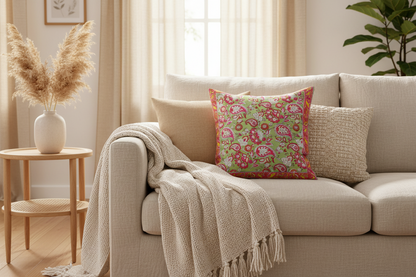Rang Chowk Jaipur Block Print Cotton Cushion Cover styled with warm and colourful home décor accents.