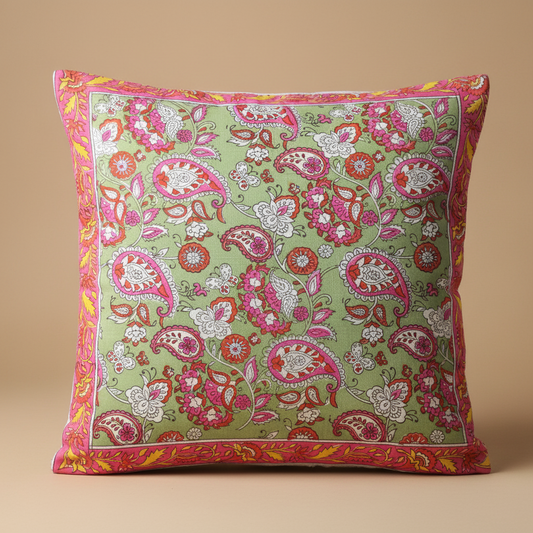 Rang Chowk Jaipur Block Print Cotton Cushion Cover featuring vibrant floral motifs in warm and cheerful hues.
