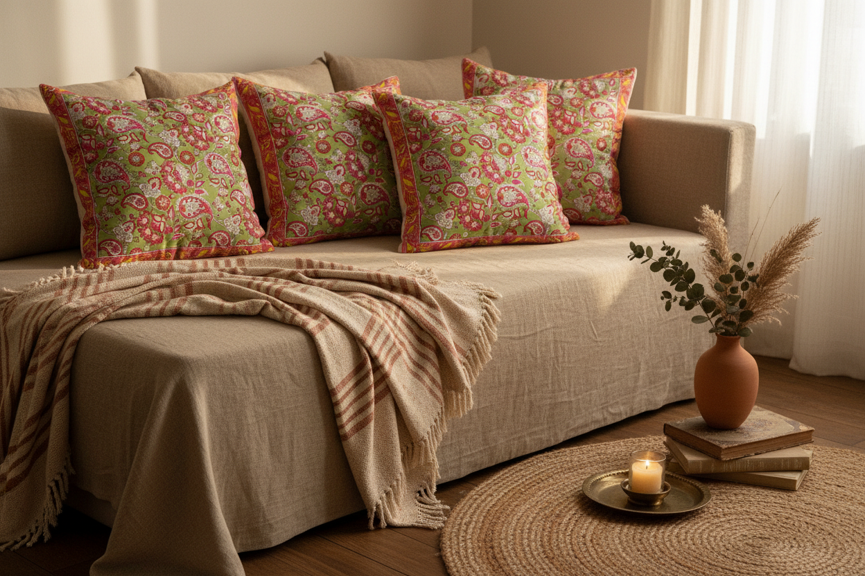 Rang Chowk Jaipur Block Print Cotton Cushion Cover styled with warm and colourful home décor accents.