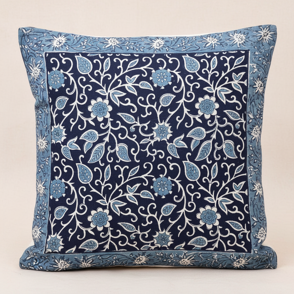 Indigo Manor Jaipur Block Print Cotton Cushion Cover featuring intricate indigo floral motifs on a light base.