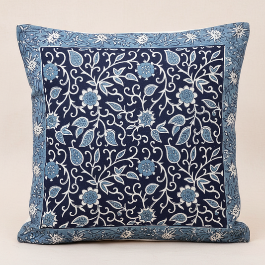 Indigo Manor Jaipur Block Print Cotton Cushion Cover featuring intricate indigo floral motifs on a light base.