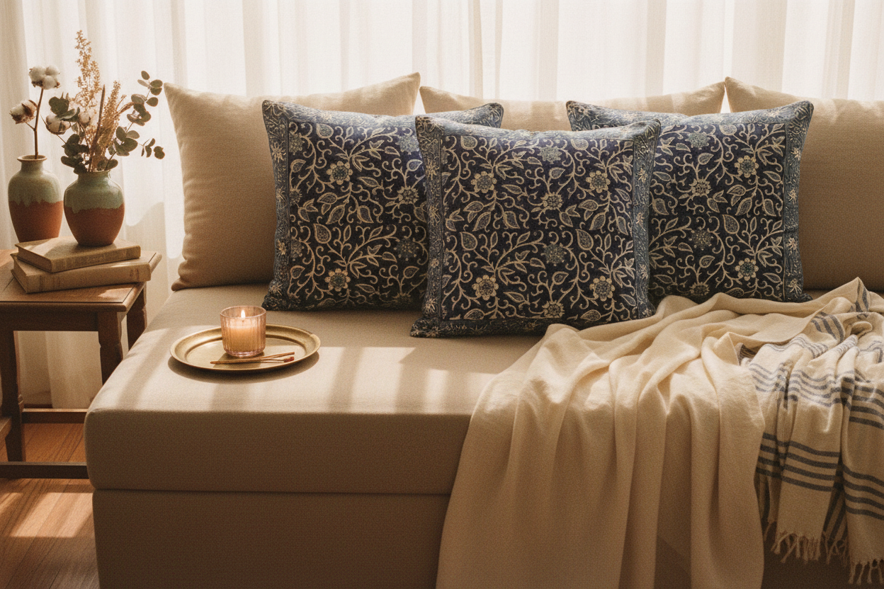 Indigo Manor Jaipur Block Print Cotton Cushion Cover styled in an elegant setting with classic blue accents.