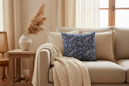 Indigo Manor Jaipur Block Print Cotton Cushion Cover styled in an elegant setting with classic blue accents.