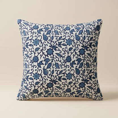 Reverse side of Indigo Manor cushion cover featuring coordinated Jaipur block print design.