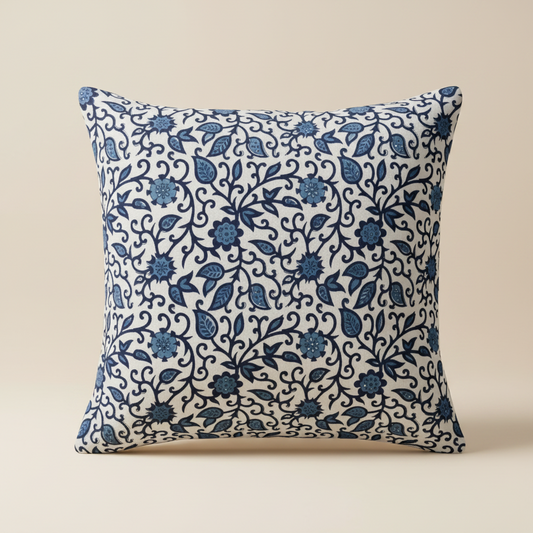 Reverse side of Indigo Manor cushion cover featuring coordinated Jaipur block print design.